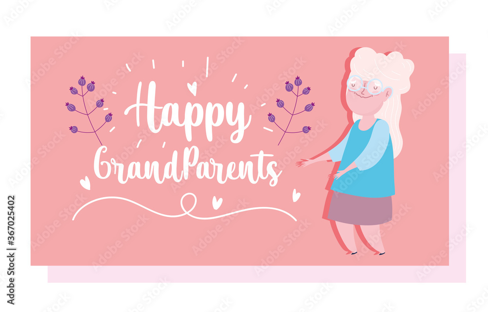happy grandparents day, cute granny flowers and lettering cartoon card happy grandparents day, cute granny flowers and lettering cartoon card