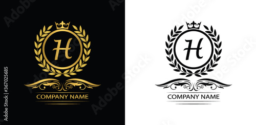 Golden Letter H laurel wreath template logo Luxury letter with crown. Monogram alphabet . Beautiful royal initials letter.	
