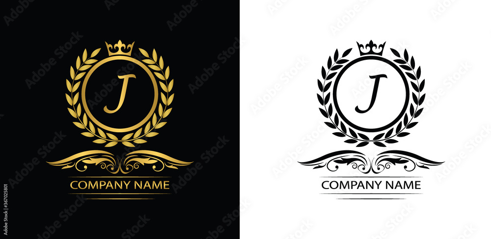 Golden Letter J laurel wreath template logo Luxury letter with crown ...