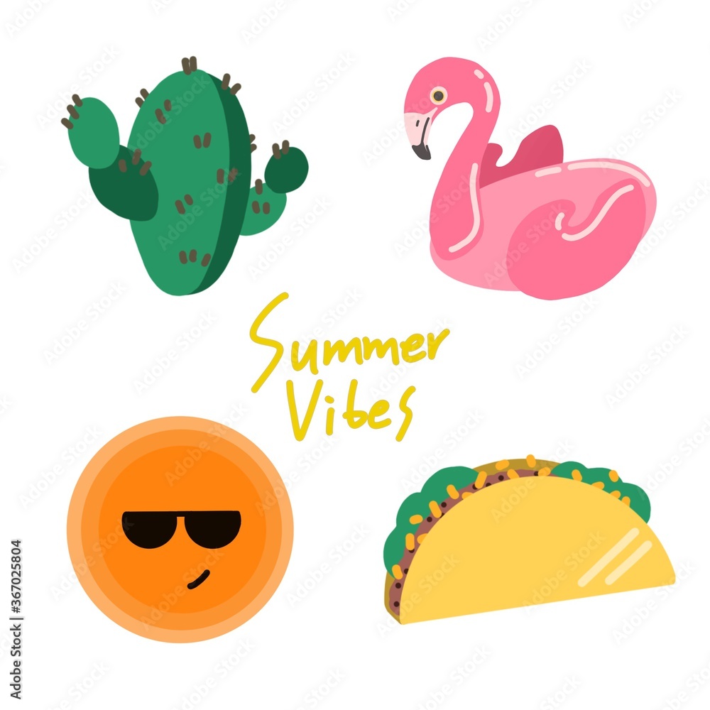 summer vibes, summer, vibes, tacos, sun, beach, cactus, illustration, pop, colorful, going out, go out, chill, chill out, fun, happy