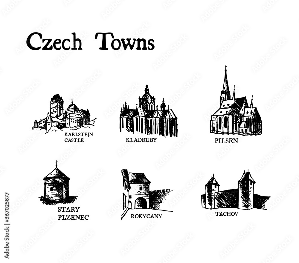 Fototapeta premium Czech Towns Black Hand Illustration 
