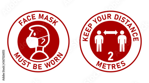 Set of Circular Measure Warning Signs against the Spread of Coronavirus including Face Mask Must Be Worn and Keep Your Distance 2 Metres. Vector Image.