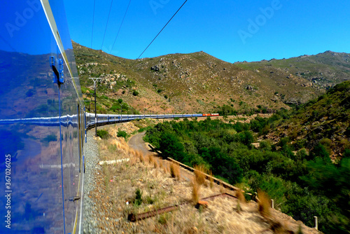 The famous luxury Blue Train snaking through the Karoo in South Africa, from Pretoria to Cape Town