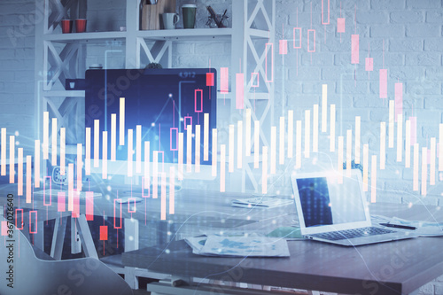 Double exposure of financial graph drawing and office interior background. Concept of stock market.