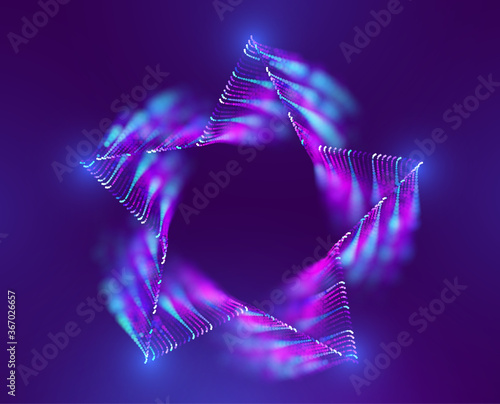 Star vector neon frame. Twisted star frame with trail and fog background. Spin superstar plume. Particle vortex.