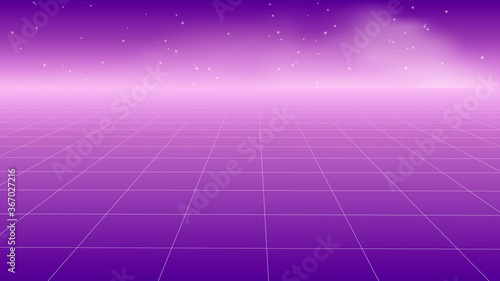 Abstract wireframe perspective grid. Widescreen vector illustration.Pink lines on dark background.Purple landscape.