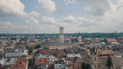 Aerial drone shot of european city Lviv, Ukraine. Flight above popular ancient part of old town