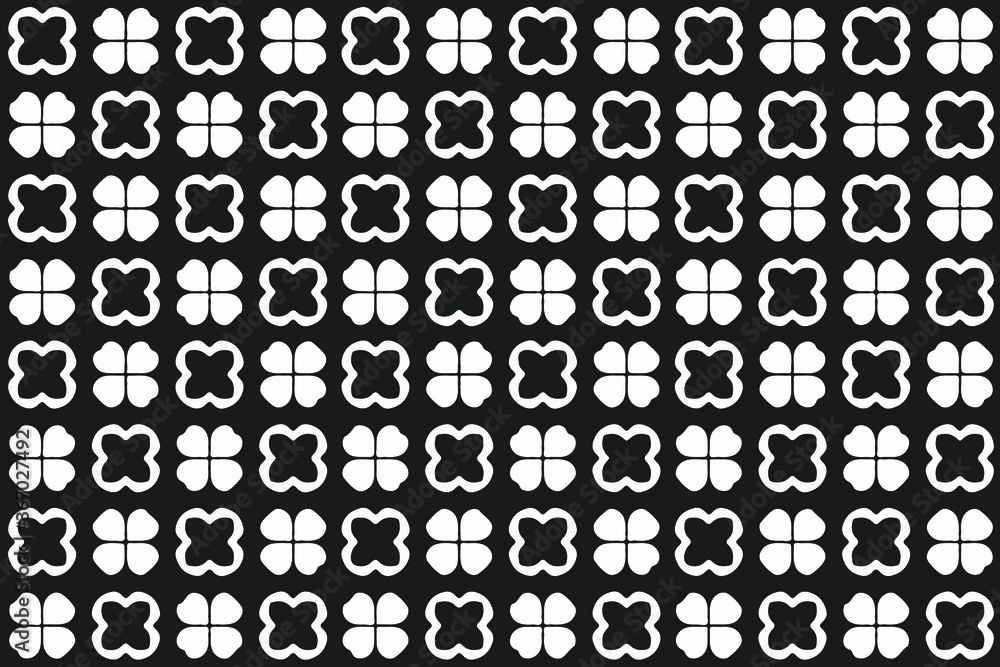 four leaf clover black and white seamless pattern, lottery wallpaper, simple flat design lucky amulet, dark background, vector illustration