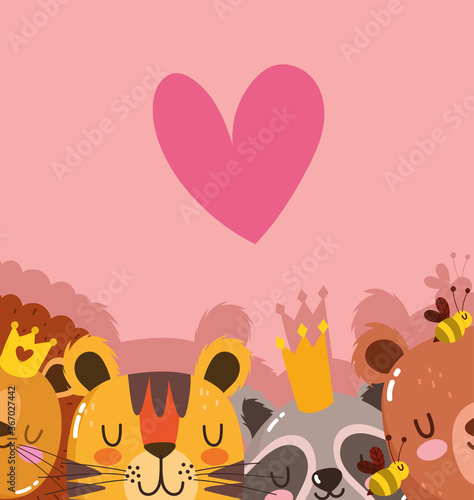 cute cartoon animals adorable wild character raccoon bear lion and tiger with heart crown