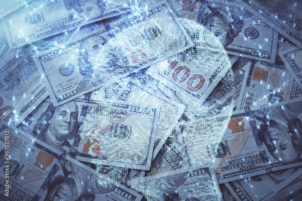 Double exposure of brain drawing over us dollars bill background. Technology concept. Double exposure of brain drawing over us dollars bill background. Technology concept.