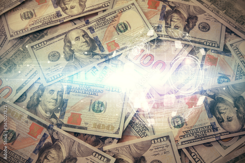 Multi exposure of social network drawing over us dollars bill background. Concept of people connection. Multi exposure of social network drawing over us dollars bill background. Concept of people connection.
