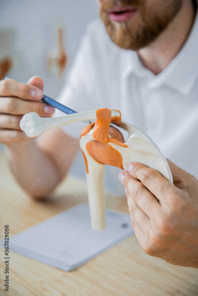 Doctor showing flexible knee joint model to his patient and explains the cause of his pain in medical office. Patient visiting physiotherapist in clinic. Surgery, healthcare and medicine concept. Doctor showing flexible knee joint model to his patient and explains the cause of his pain in medical office. Patient visiting physiotherapist in clinic. Surgery, healthcare and medicine concept.