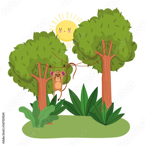 cute monkey hanging trees forest nature wild cartoon