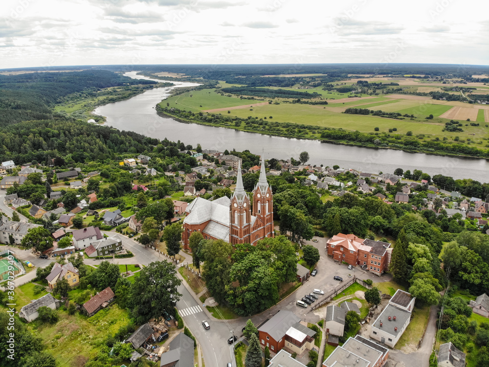 Aerial view of Church of St. George in Vilkija town Lithuania