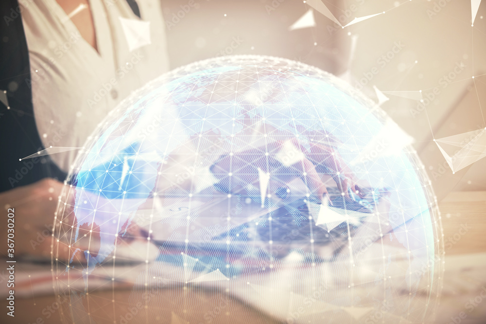 Multi exposure of woman hands typing on computer and business theme hologram drawing. Success concept. Multi exposure of woman hands typing on computer and business theme hologram drawing. Success concept.