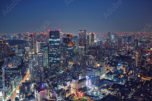 Tokyo  Japan - February 3  2018  Modern cityscape building aerial view at night  capital city of Japan  business city concept image  shot in Roppongi Hills of Minato Ward  Tokyo  Japan.