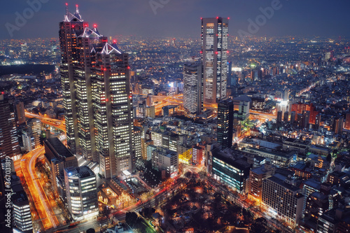 Photography Tokyo, Japan Night View - Business city concept image, modern cityscape building in evening, Shot in Shinjuku Ward, Tokyo, Japan