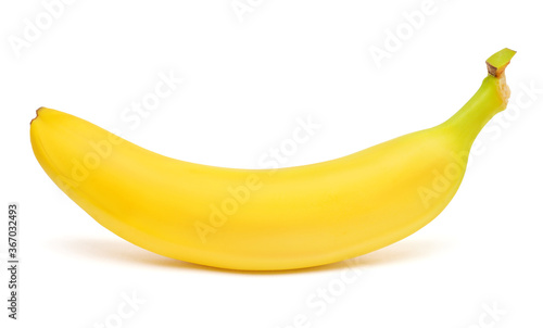 One banana isolated on white background. Perfectly retouched, full depth of field on the photo. Top view, flat lay