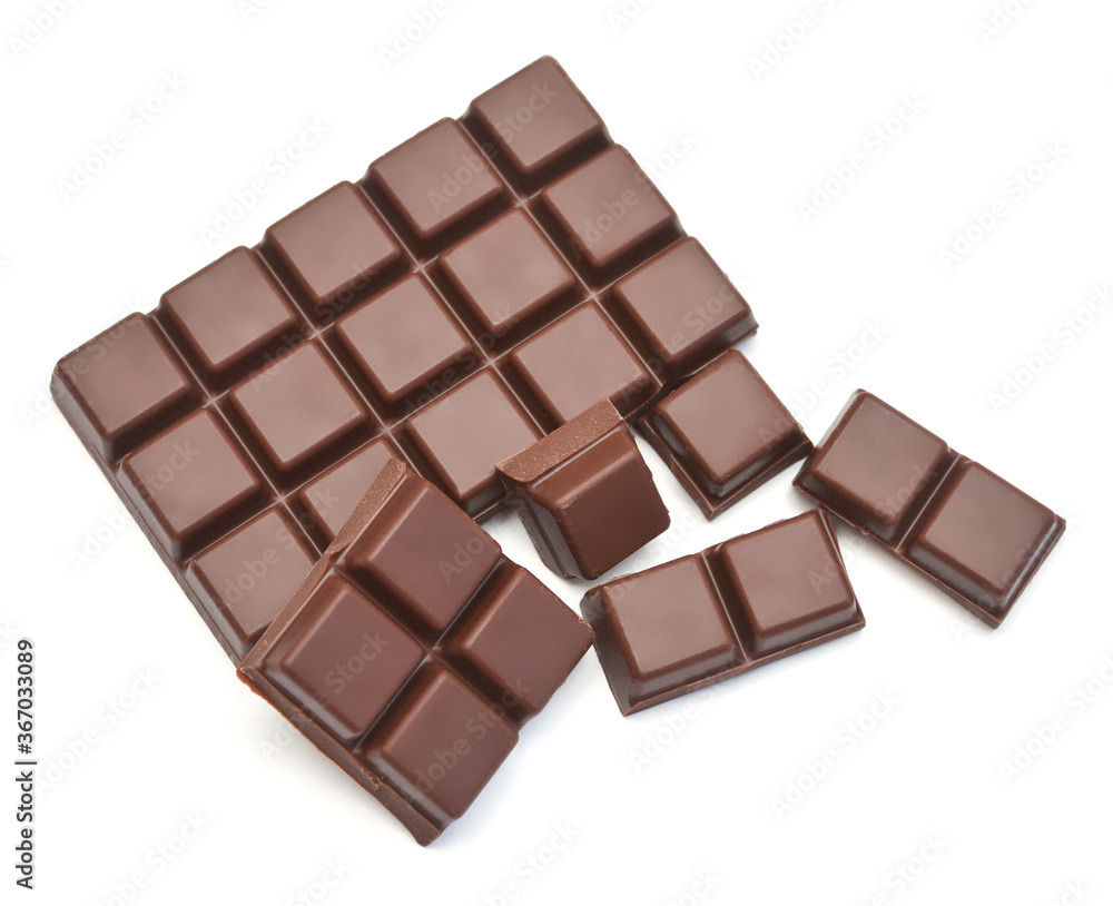Chocolate bar with pieces isolated on white background. Top view, flat lay Chocolate bar with pieces isolated on white background. Top view, flat lay