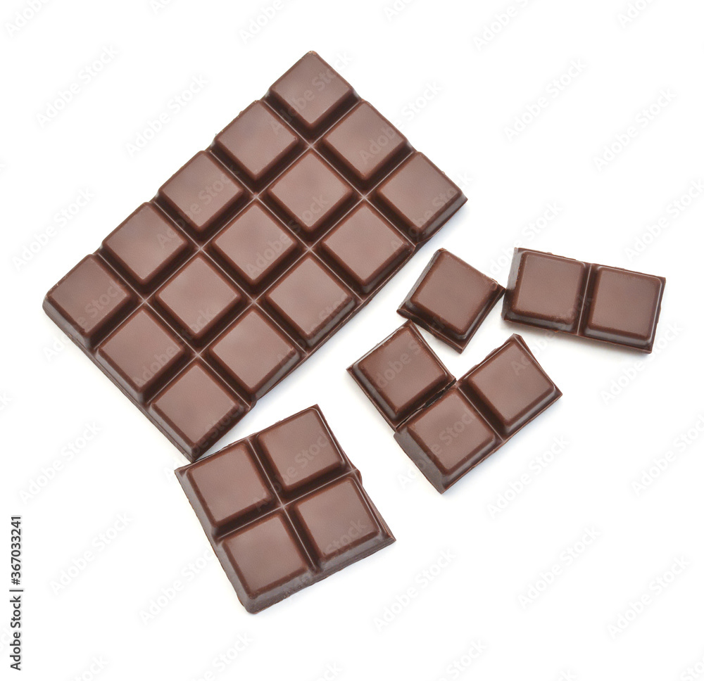 Chocolate bar with pieces isolated on white background. Top view, flat lay Chocolate bar with pieces isolated on white background. Top view, flat lay