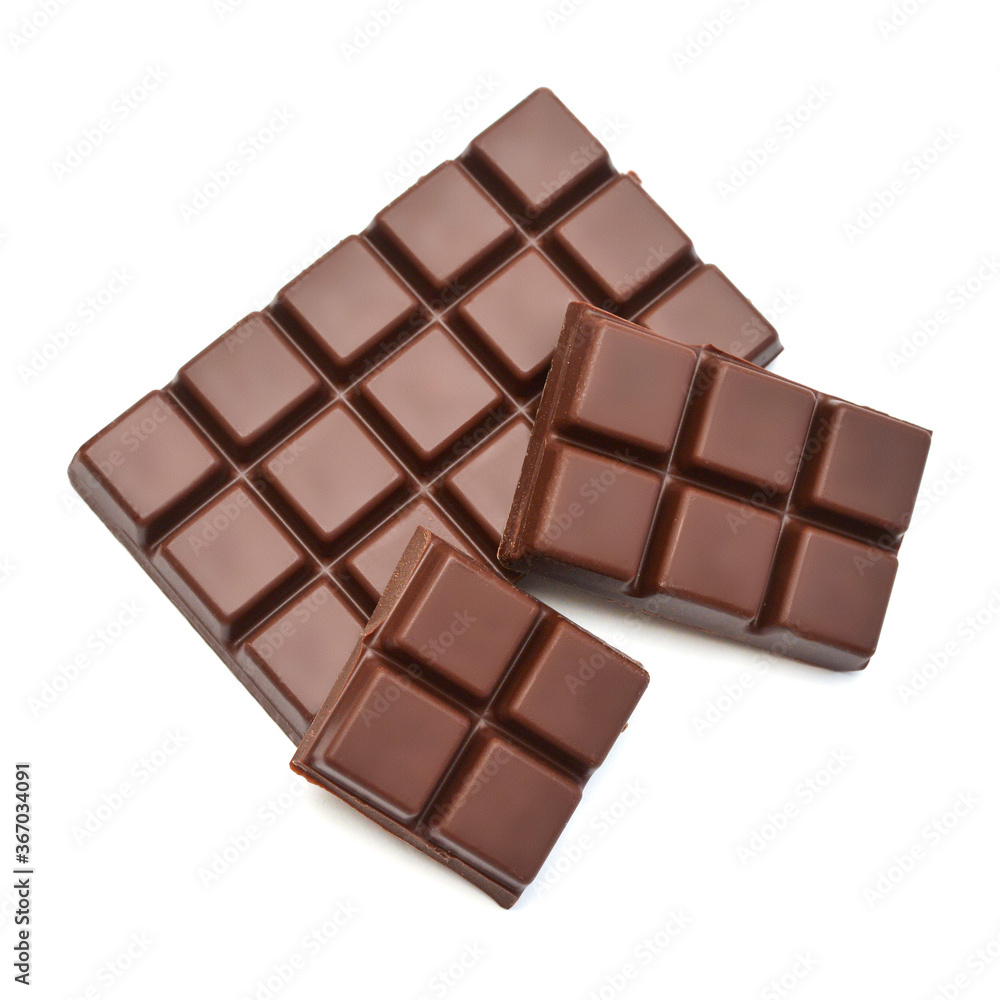 Chocolate bar with pieces isolated on white background. Top view, flat lay Chocolate bar with pieces isolated on white background. Top view, flat lay