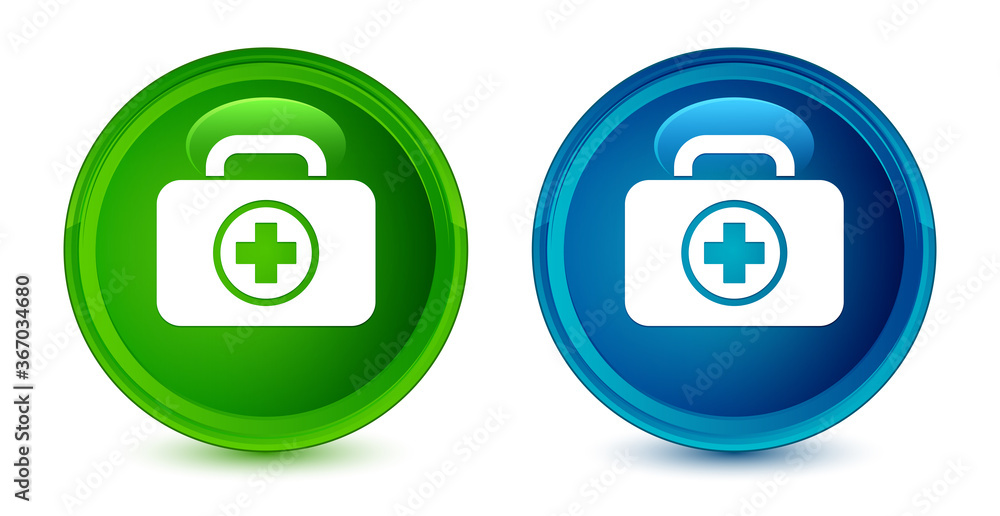 First aid kit icon artistic shiny glossy blue and green round button set First aid kit icon artistic shiny glossy blue and green round button set