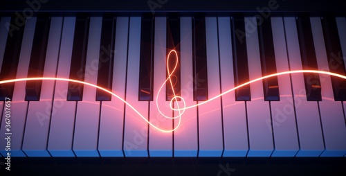 Vászonkép Luminous treble clef on piano keys.