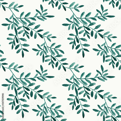 Watercolor plant seamless pattern with green leaves.
