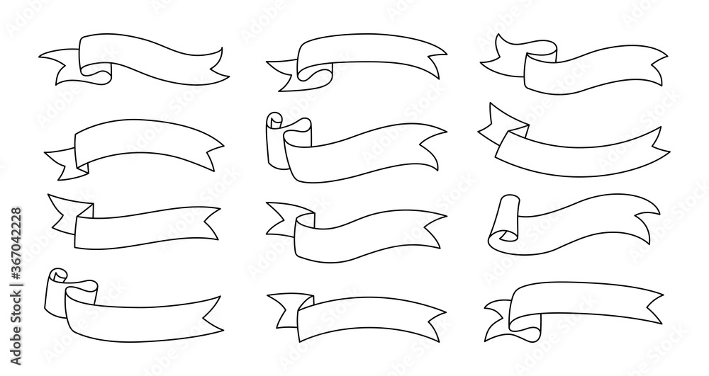 Ribbon outline set. Decorative tape bent on one side icons collection. Modern design, linear ribbons sketch cartoon style. Web icon kit of text banner. Isolated vector illustration