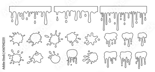 Line splash shape set. Black outline, round ink splatter collection, decorative shapes liquids. Contour splashes drops, spatters sketch style. Stain ink collection. Isolated vector illustration