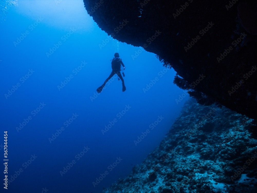 silhouette of a scuba diver. Ie Island, Okinawa, Japan silhouette of a scuba diver. Ie Island, Okinawa, Japan