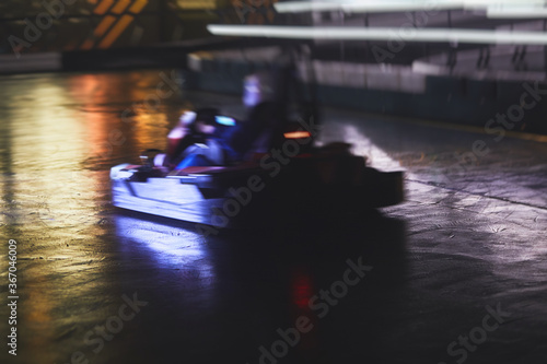 View of indoor karting racetrack, go-kart competition, go-cart racing track