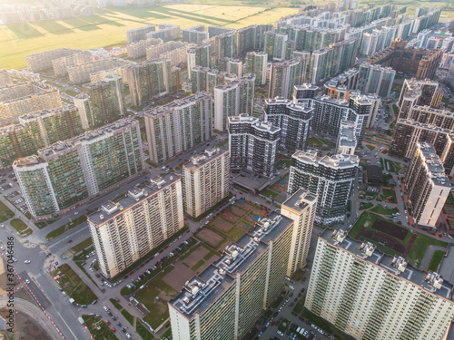 Aerial drone view of Murino city skyline panorama, Saint-Petersburg outskirts, Leningrad oblast high density living suburbia, high rise residential district ghetto area, Devyatkino station, Russia photo