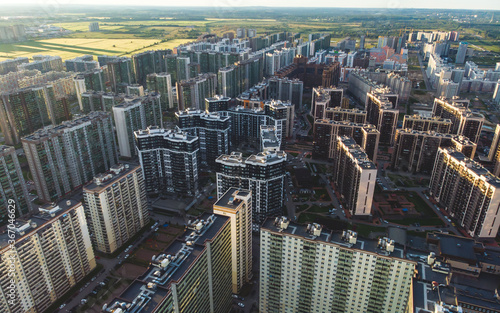 Aerial drone view of Murino city skyline panorama, Saint-Petersburg outskirts, Leningrad oblast high density living suburbia, high rise residential district ghetto area, Devyatkino station, Russia photo