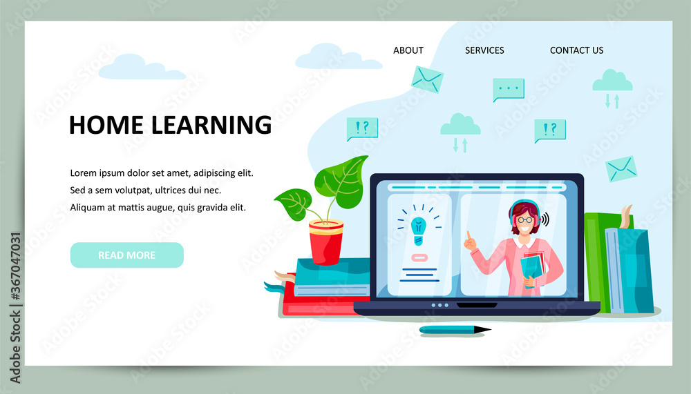Online education, home schooling concept. Smiling teacher on laptop screen. Place for text. Website design. Flat cartoon style design vector illustration. Online education, home schooling concept. Smiling teacher on laptop screen. Place for text. Website design. Flat cartoon style design vector illustration.