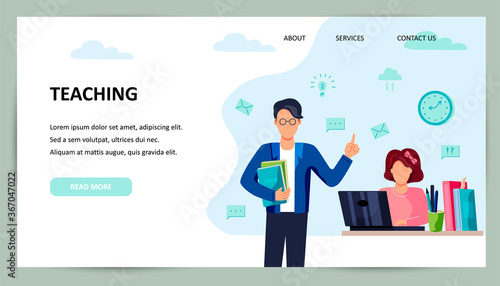 Male teacher with book and student is studing on computer. Place for text. Flat cartoon style design vector illustration.
