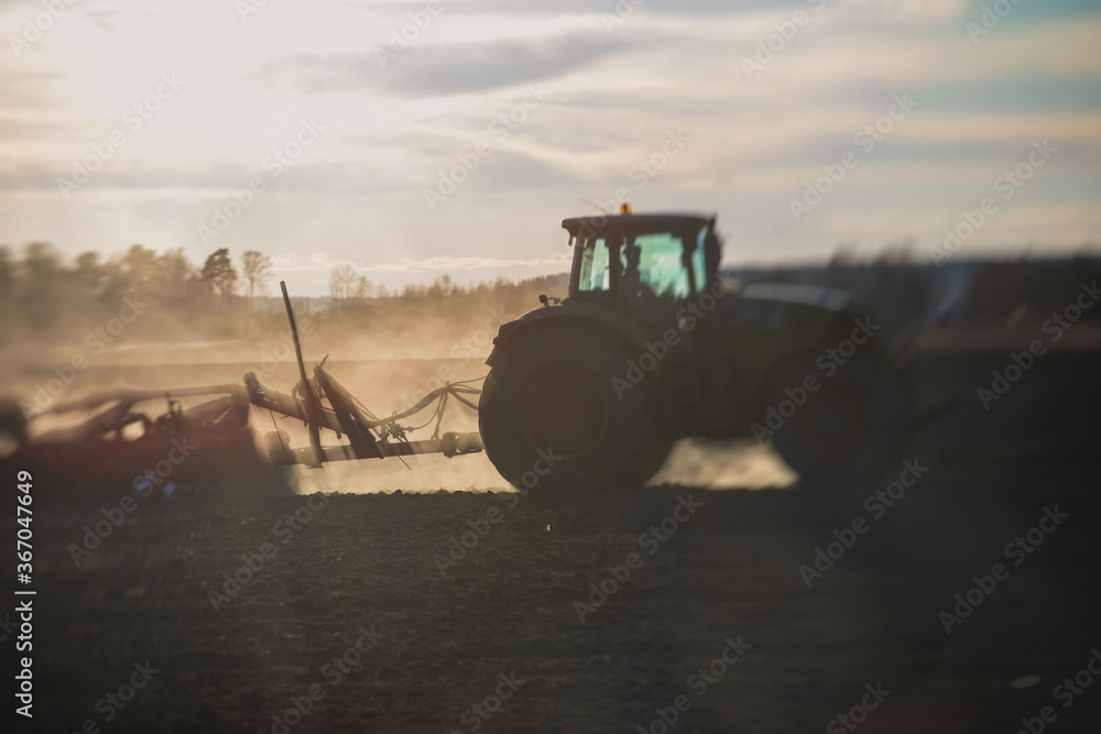 Tractor with a disc harrow system harrows the cultivated farm field, process of harrowing and preparing the soil, tractor seeding crops at field on sunset, agriculture concept, harrow machine at work Tractor with a disc harrow system harrows the cultivated farm field, process of harrowing and preparing the soil, tractor seeding crops at field on sunset, agriculture concept, harrow machine at work