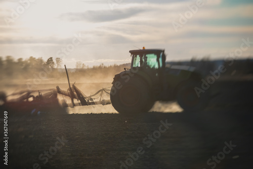 Tractor with a disc harrow system harrows the cultivated farm field, process of harrowing and preparing the soil, tractor seeding crops at field on sunset, agriculture concept, harrow machine at work