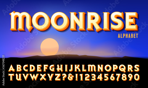 Moonrise Font, a Vector Alphabet with An Outdoor Moonrise Scene.