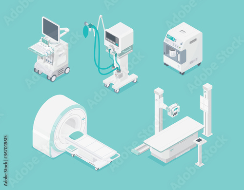 isometric set Medical Machine hospital diagnostic equipment healthcare technology isolated object 3d doctor