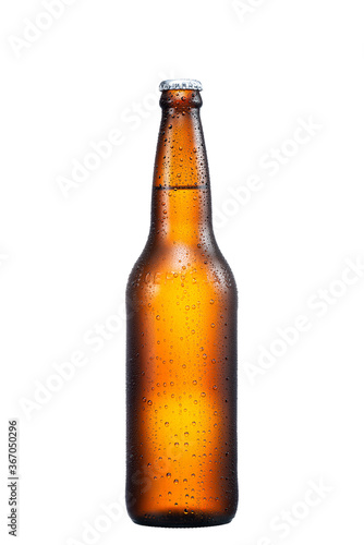 600ml brown beer beer bottle with drops isolated without shadow on a white background