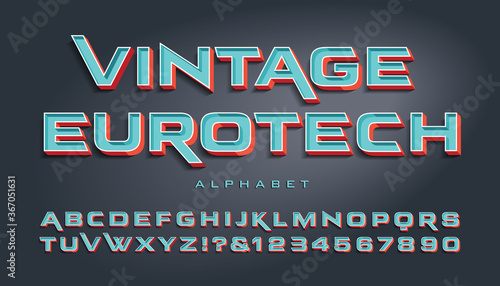 A Wide Vintage Style Eurotech Alphabet with Colored 3d Effects.