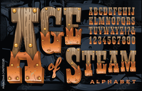 Vector Font; A Rustic Alphabet Constructed of Old Wood, Copper, and Brass Tacks.