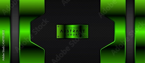 Abstract metallic overlap layers on dark space with green light effect decoration background