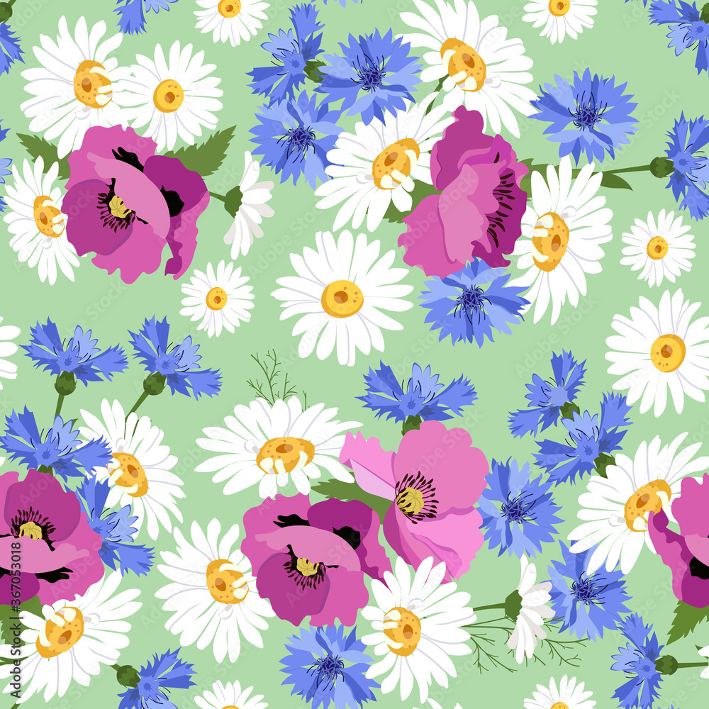 Obraz premium Seamless pattern with field chamomile, cornflowers and poppies on a green background.