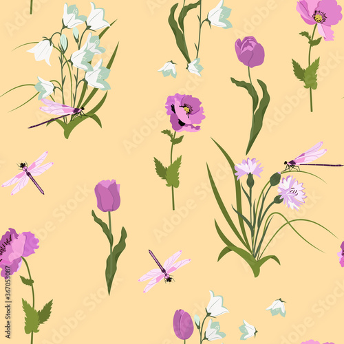 Seamless pattern with tulips, poppies, campanula and dragonflies