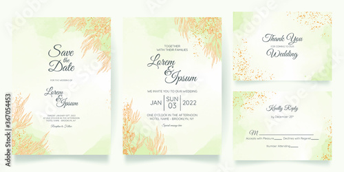 Watercolor creamy wedding invitation card template set with golden floral decoration