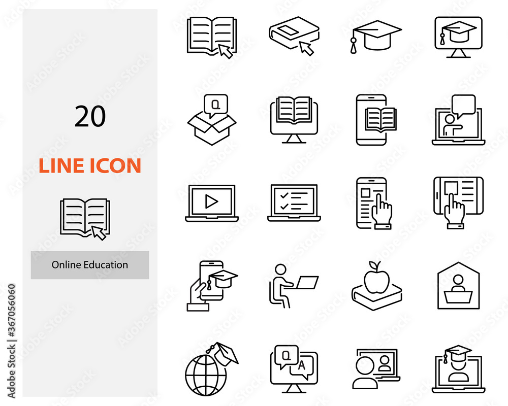 set of online education icons, study form home