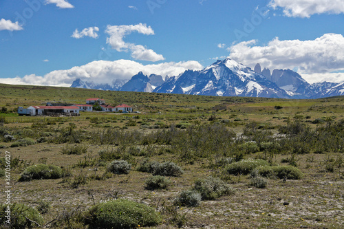 Estancia with Paine Massif in background, Torres del Paine National Park, Patagonia, Chile