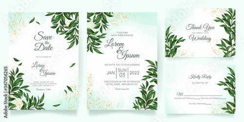 Watercolor creamy wedding invitation card template set with golden floral decoration